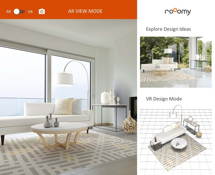 A promotional Rooomy graphic shows a room's real appearance in the upper right-hand corner and a home's an augmented-reality version of the space on the left.