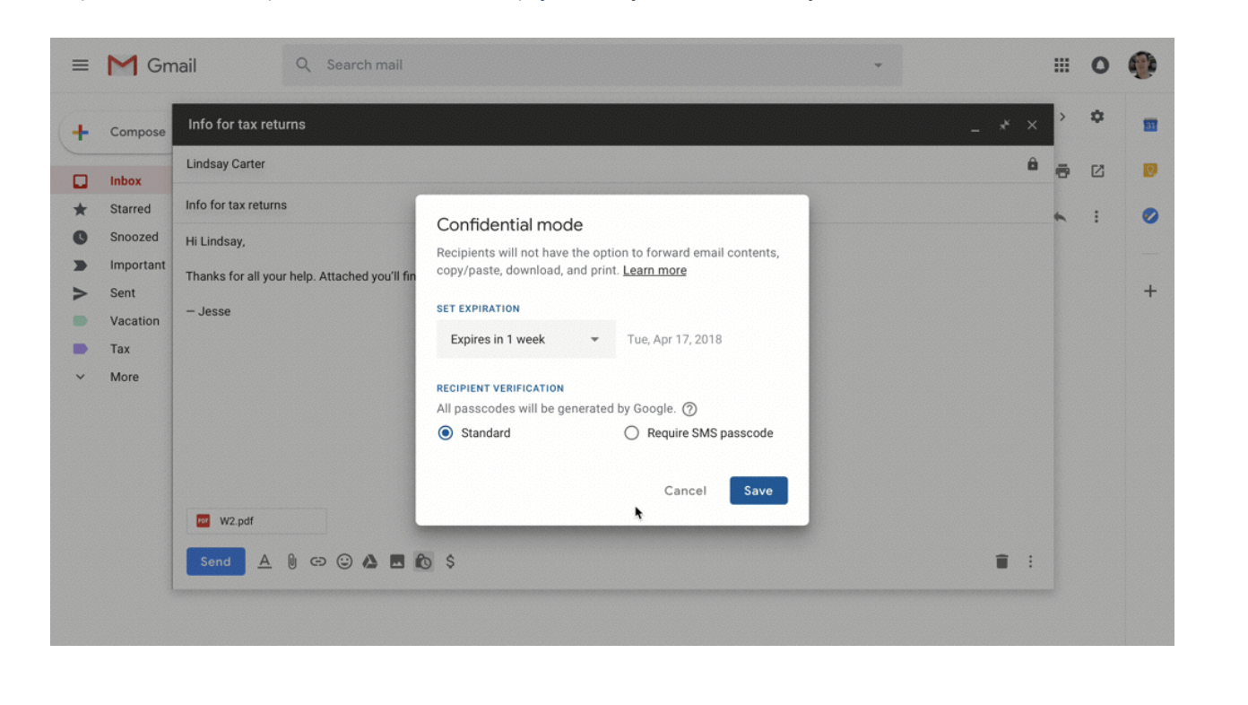 Gmail Confidential Mode screenshot