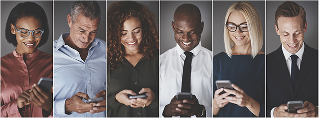 Collage of a smiling group of diverse business professionals sending text messages against a gray background