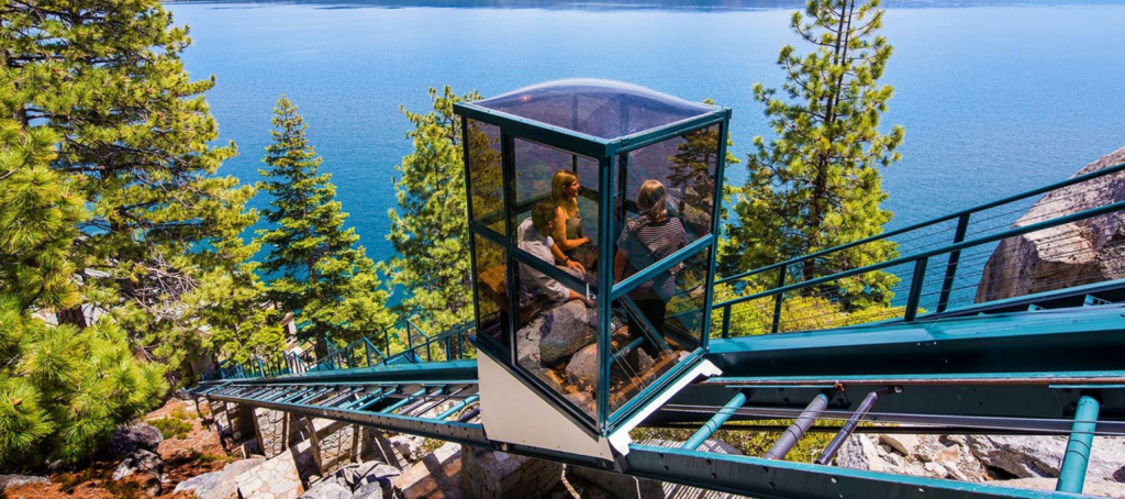 An outdoor elevator at the Crystal Pointe estate in Tahoe. (Photo credit: Chase International)