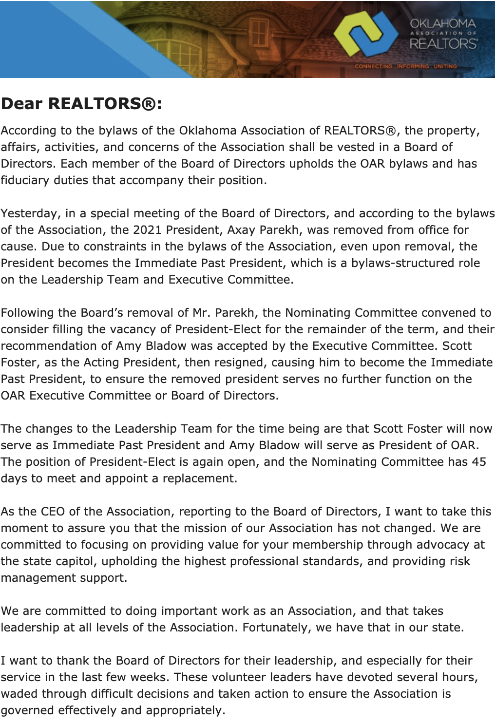 Oklahoma Association of Realtors President Ousted